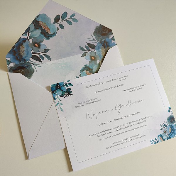 Convite Casamento C/ Envelope FORRADO Azul Turquesa
