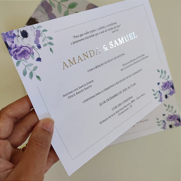 Convite Casamento c/ Envelope Forrado Lilás Lavanda c/ Metalizado Prata