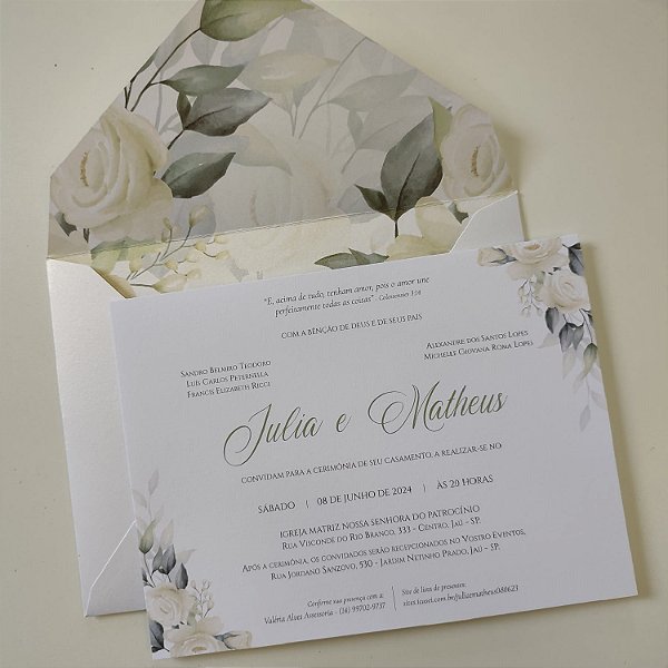 Convite Casamento envelope Forrado floral Branco com Folhagem