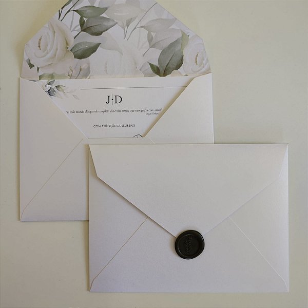 Convite Casamento envelope Forrado floral Branco com Lacre de Cera