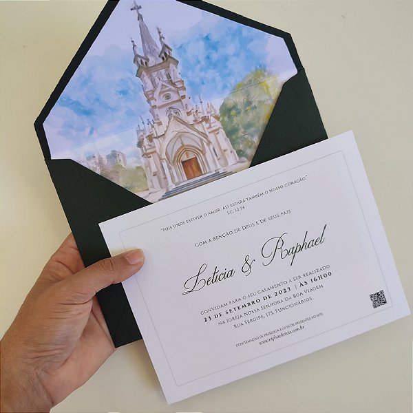 Convite Casamento Envelope Verde Escuro Forrado Aquarela
