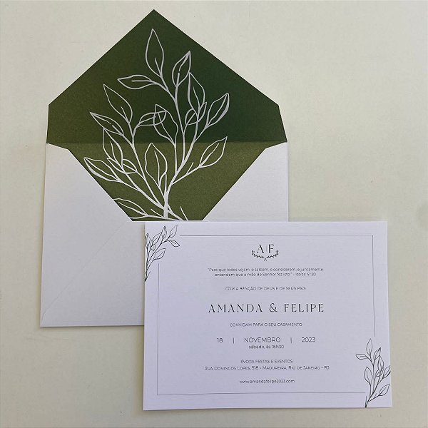 Convite Casamento c/ Envelope Forrado Verde Oliva
