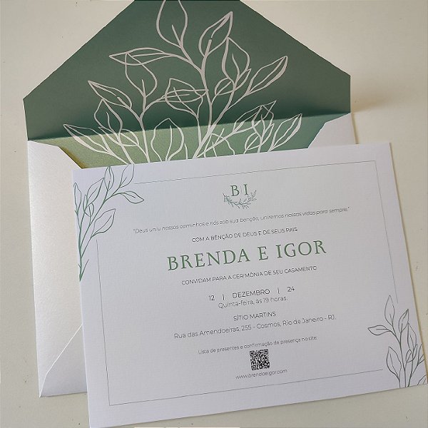 Convite Casamento c/ Envelope Forrado Verde Oliva