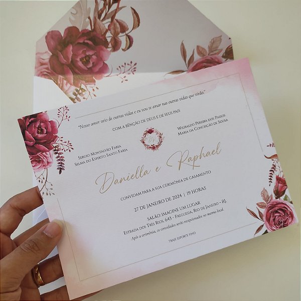 Convite Casamento c/ Envelope Forrado Fucsia Magenta