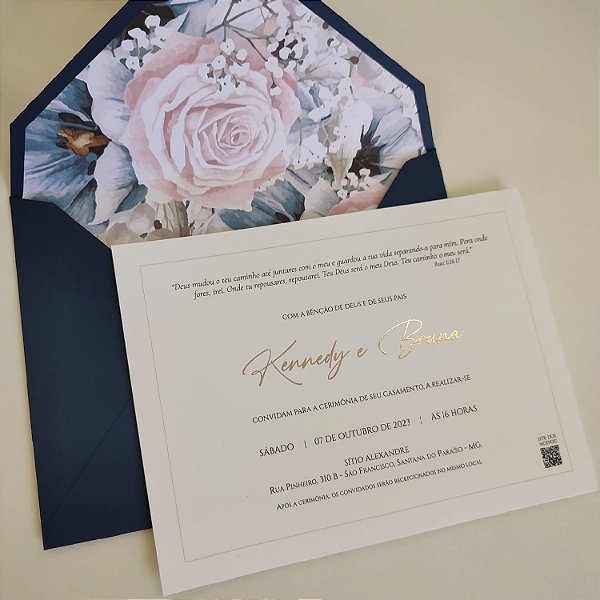 Convite Casamento c/ Envelope Forrado com Metalizado Dourado