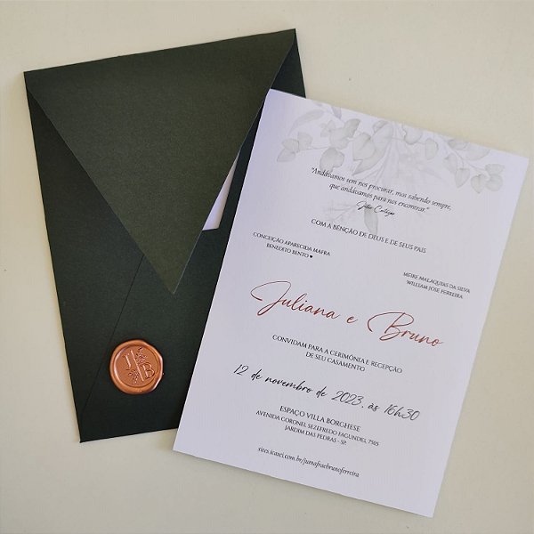Convite Casamento Verde Escuro Vertical com Lacre de Cera