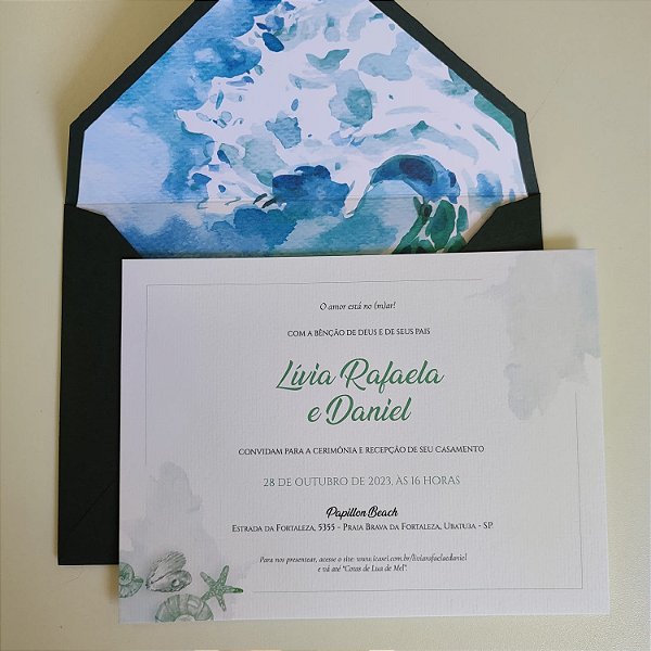 Convite Casamento c/ Envelope Verde Escuro Praia / Praiano