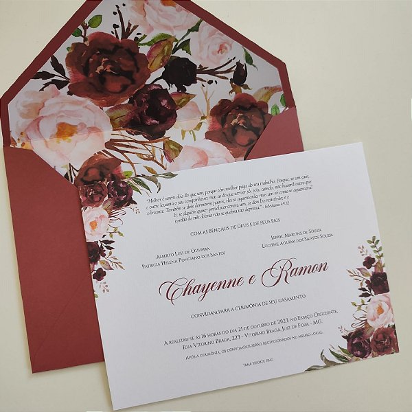 Convite Casamento c/ Envelope Forrado Marsala