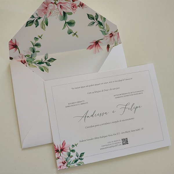 Convite Casamento c/ Envelope Forrado Rosê Minimalista