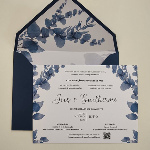 Convite Casamento Envelope Azul Escuro Forrado Folhagem