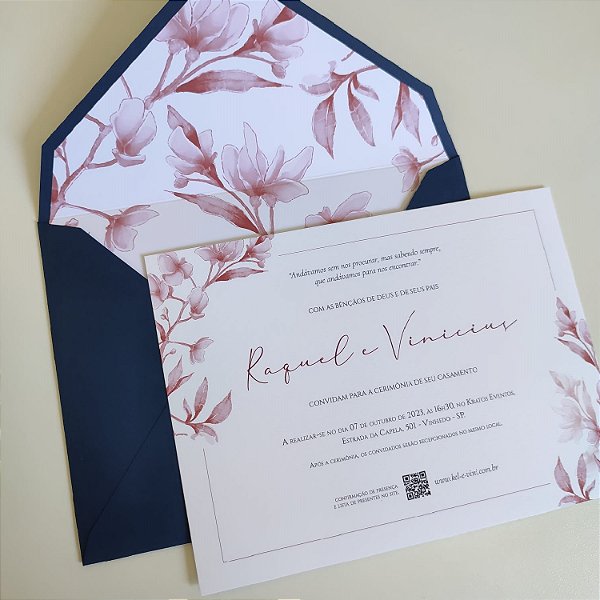 Convite Casamento C/ Envelope Azul Escuro forrado Folhagem Rosê