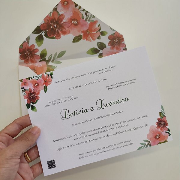 Convite Casamento Forrado Branco Perolado Floral Coral