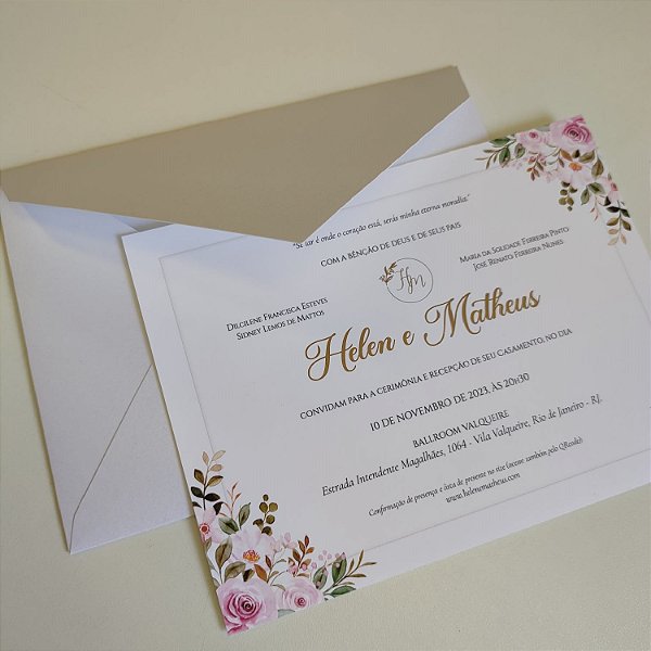 Convite de Casamento Envelope Branco Perolado Floral Rosê c/ Metalizado Dourado