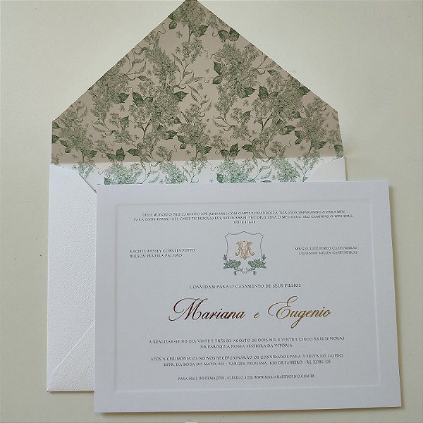 Convite de Casamento Forrado Branco Floral Verde Oliva c/ Metalizado Dourado Borda em Relevo
