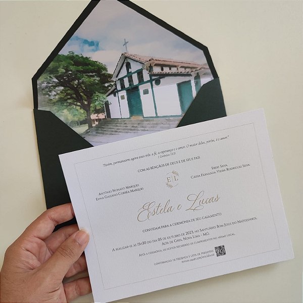 Convite Casamento Envelope Verde Escuro Forrado Aquarela