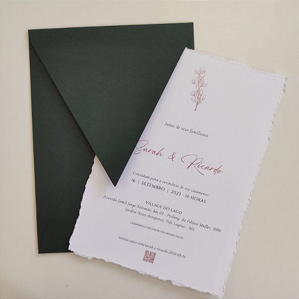 Convite Casamento Branco Vertical Borda Rasgada Rosê