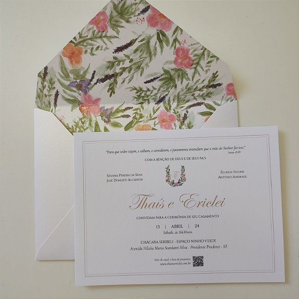 Convite Casamento c/ Envelope Forrado Branco Perolado Floral Aquarela