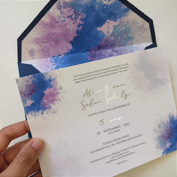 Convite 15 anos / Debutante C/ Envelope Azul Escuro com Lacre de Cera Dourado