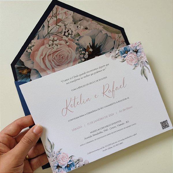 Convite Casamento C/ Envelope Azul Escuro forrado
