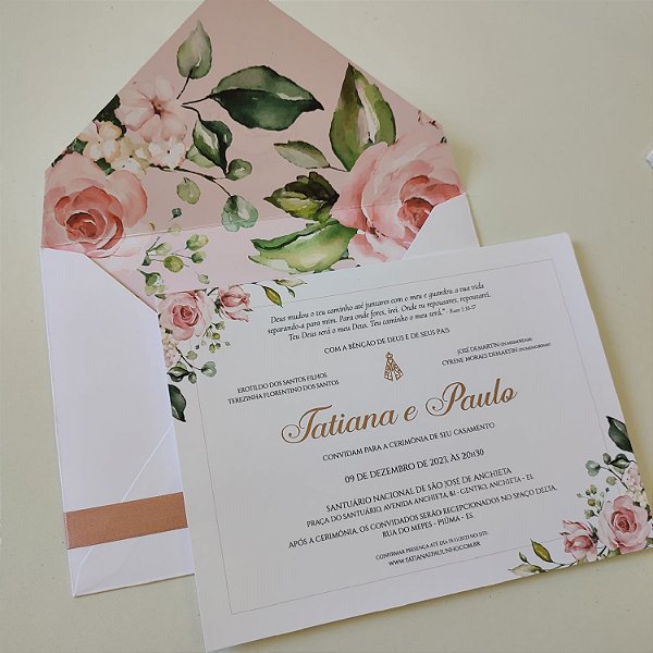 Convite Casamento Forrado com Fita de Cetim Rosê Gold e Metalizado