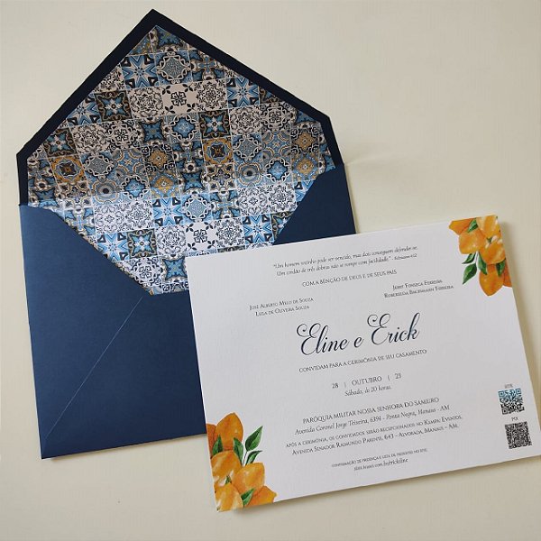 Convite Casamento Forrado Azul Escuro Limão Siciliano