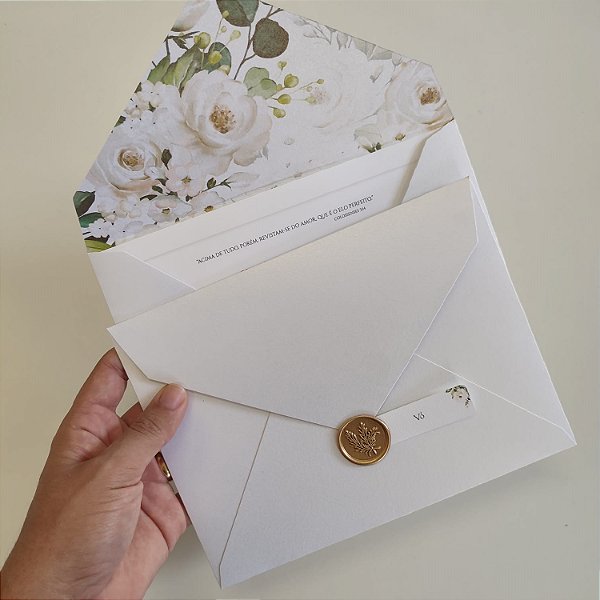 Convite Casamento envelope Forrado floral Branco com Lacre de cera