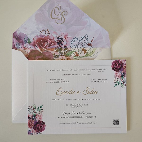 Convite Casamento c/ Envelope Forrado Fucsia Magenta