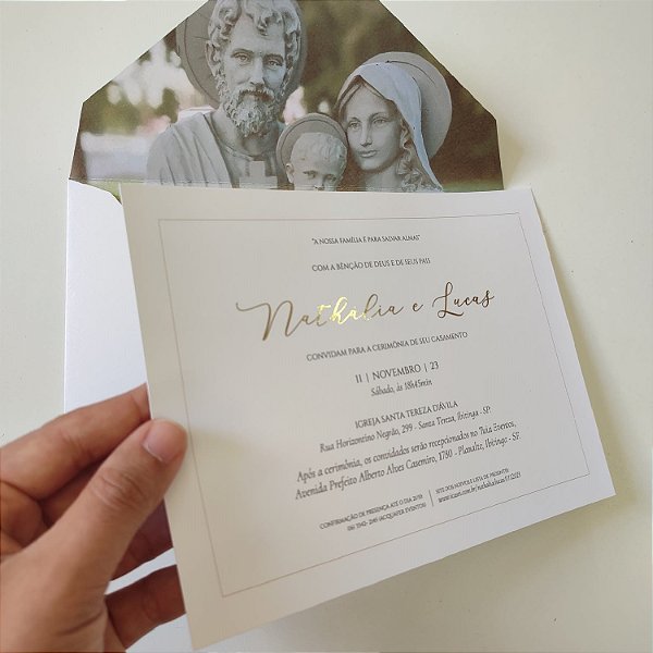 Convite Casamento Envelope Forrado Sagrada Família com metalizado