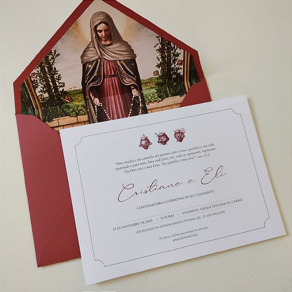Convite Casamento Forrado Marsala Nossa Senhora das Lágrimas