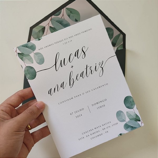 Convite Casamento c/ Envelope Forrado Verde Escuro Folhagem