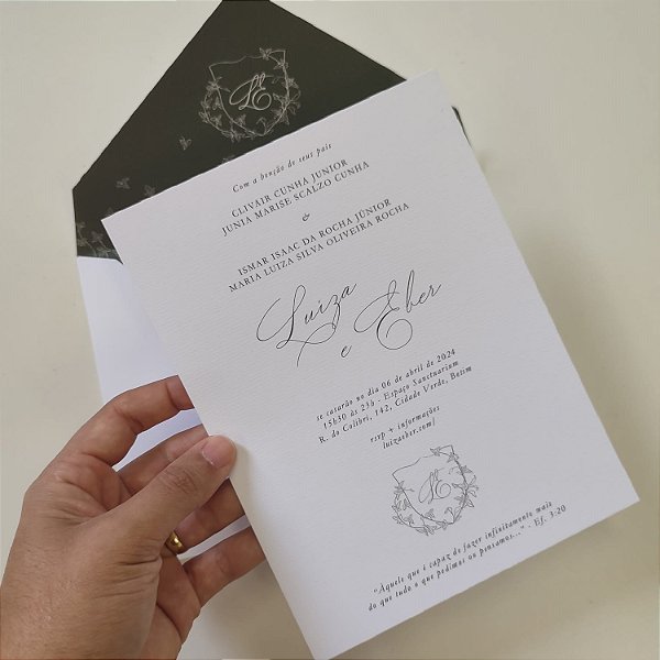 Convite Casamento c/ Envelope Forrado Verde Oliva