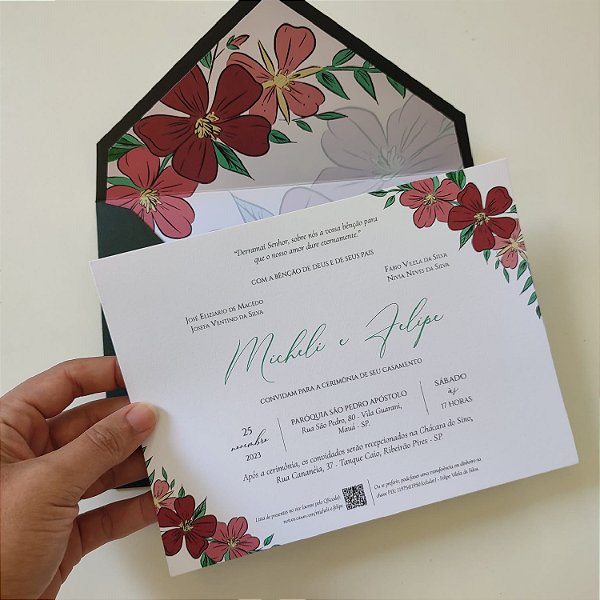 Convite Casamento c/ Envelope Forrado Verde Escuro com Marsala