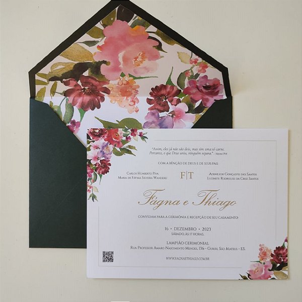 Convite Casamento Forrado Verde Escuro Floral fucsia