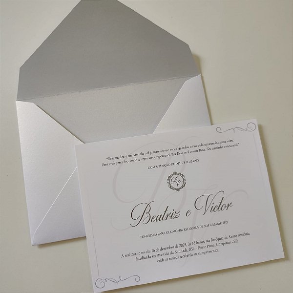 Convite Casamento Envelope Branco Fosco Forrado c/ metalizado Prata