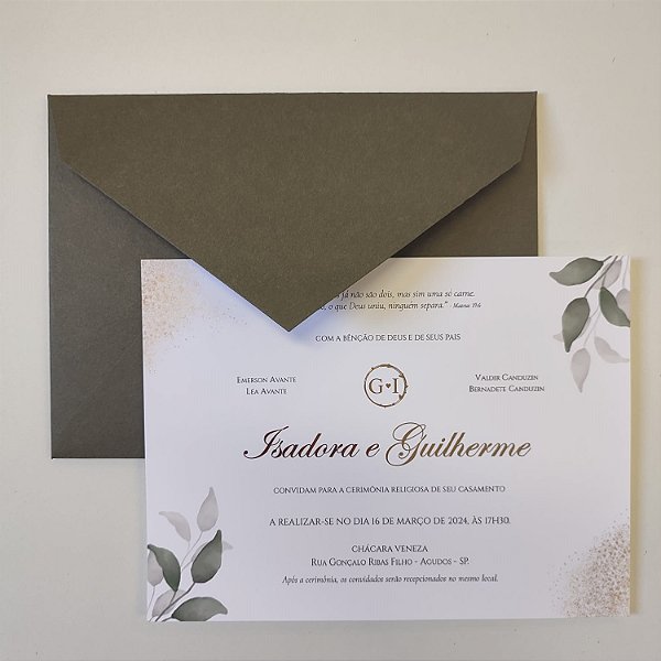 Convite Casamento c/ Envelope Verde Oliva Metalizado Dourado