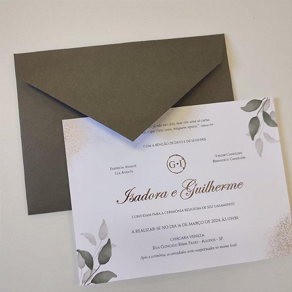 Convite Casamento c/ Envelope Verde Oliva Metalizado Dourado