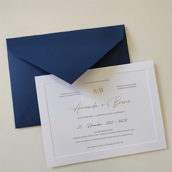 Convite Casamento c/ Envelope Azul Escuro Borda Relevo
