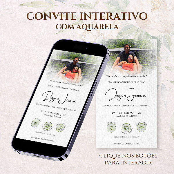 CONVITE DE CASAMENTO DIGITAL / VIRTUAL INTERATIVO COM AQUARELA