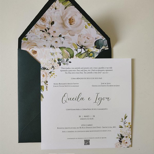 Convite Casamento Envelope Quadrado Forrado Verde Escuro