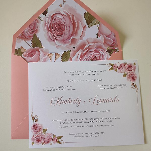 Convite Casamento Envelope Forrado Rosa