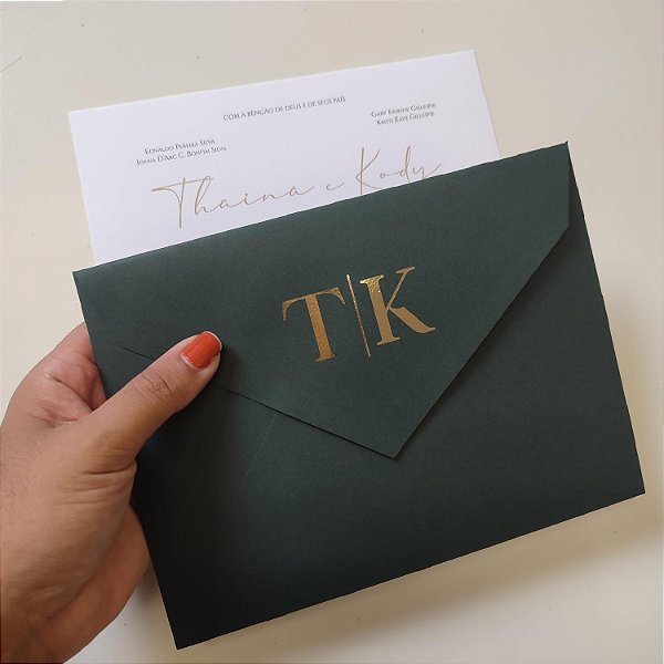 Convite Casamento Envelope Verde Escuro Forrado C/ Iniciais Metalizadas