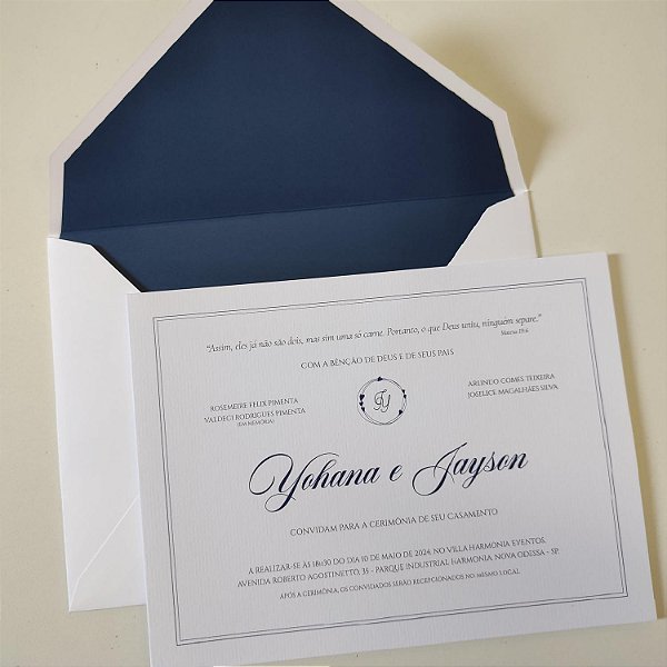 Convite Casamento Envelope Branco Forrado Azul Escuro