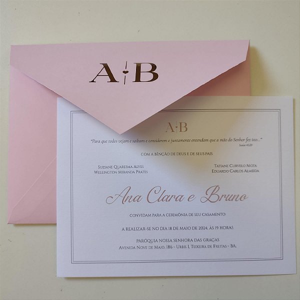 Convite Casamento Envelope Forrado Rosa Rosê Inicias