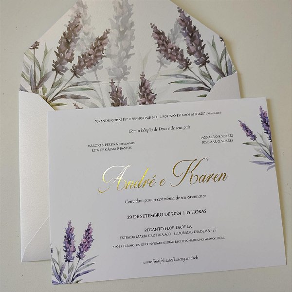 Convite Casamento Forrado Lilás Lavanda Metalizado Dourado