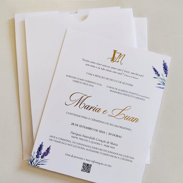 Convite Casamento Envelope Vertical Luva Branco Fosco com Metalizado