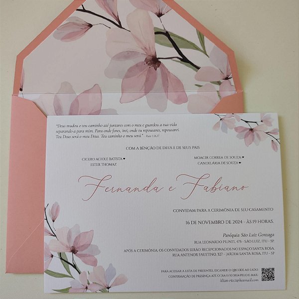 Convite Casamento Envelope Forrado Floral Rosa Rosê