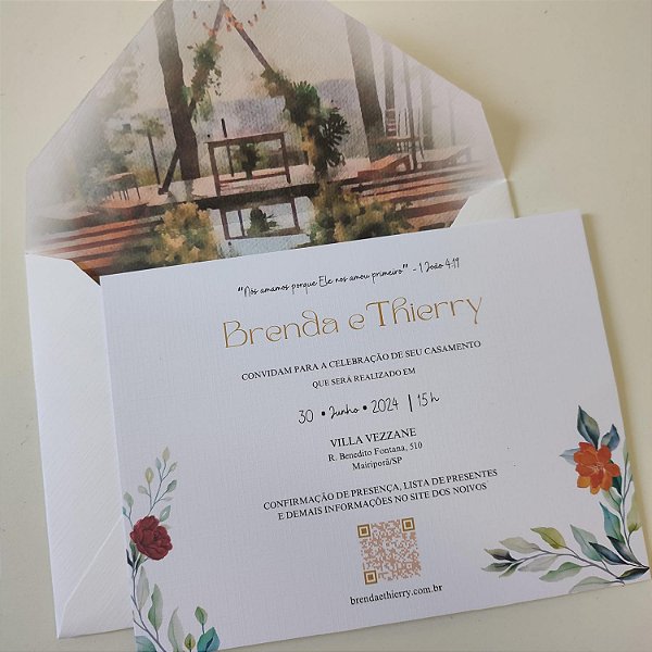 Convite Casamento c/ Envelope Forrado Aquarela Digital