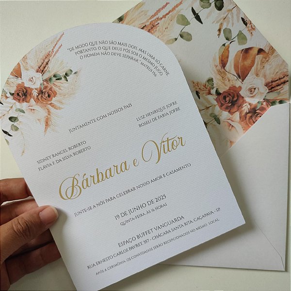 Convite Casamento Forrado Branco Peroldo Borda Arco com Lacre de cera Terracota