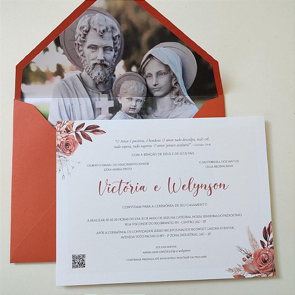 Convite Casamento Envelope Forrado Terracota Sagrada Família