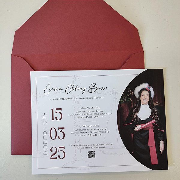 Convite de Formatura c/ Envelope Forrado Foto Lacre de Cera